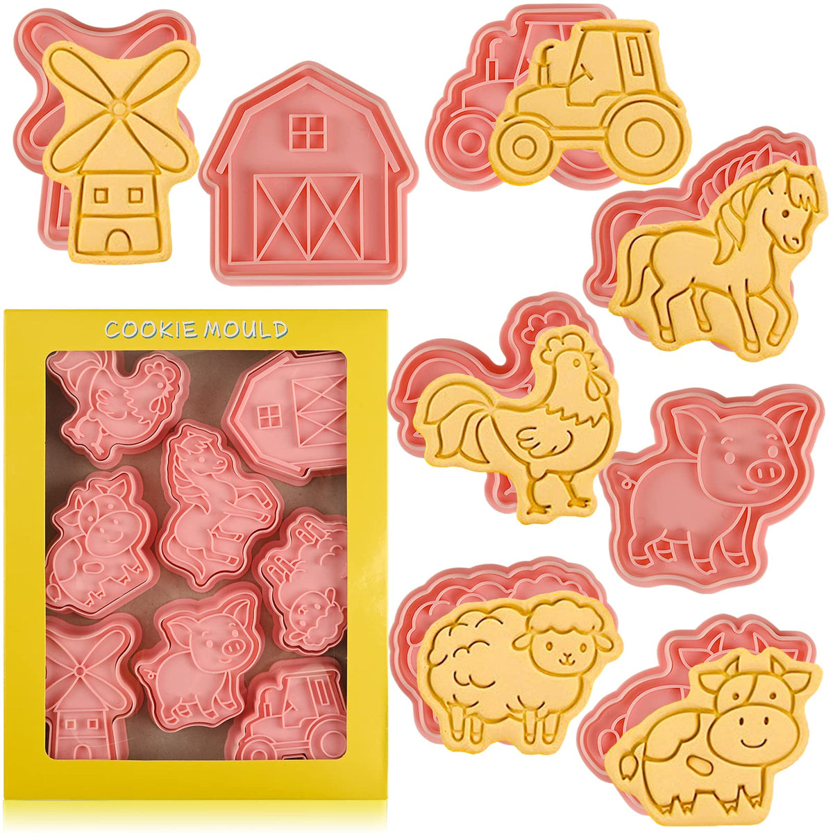Animal Cookie Cutters With Plunger Stamps Set,8 Piece 3D Animal Embossing Cutters For Biscuit Fondant Cheese Baking Molds