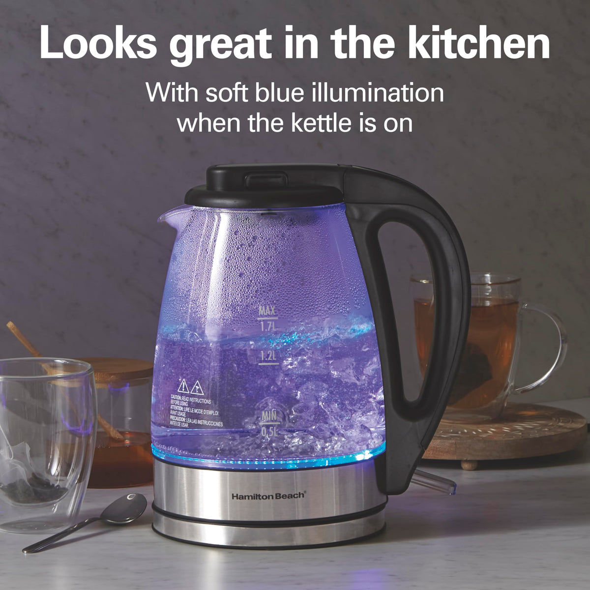Hamilton Beach 1.7L Electric Kettle, Water Boiler & Heater, LED Indicator, Built-In Mesh Filter, Auto-Shutoff & Boil-Dry Protection, Cordless Serving, Clear Glass (40864)