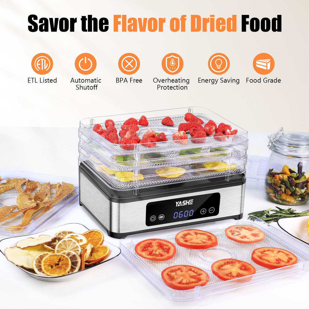 YASHE Food Dehydrator Machine, 5 Stainless Steel Trays Food Dryer, 48H Timer and Temperature Control, Recipes Book Included, 420W Dehydrators for Food and Jerky, Herbs, Meat, Fruit, Dog Treats