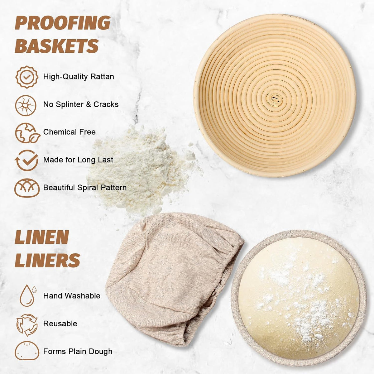 Sourdough Proofing Basket Gift Set of 2 Round Dough Proofing Bowls for Sour Dough Bread Baking Supplies, Proofing Basket or Home Sourdough Bakers Baking, 8.5 inch
