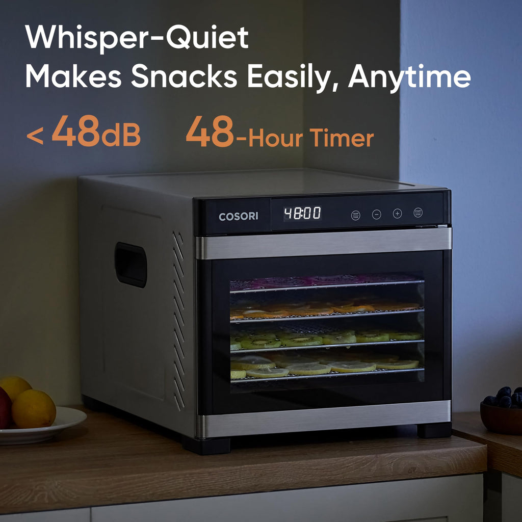 Suszarka do żywności COSORI, większa niż 7 tac z dużą przestrzenią do suszenia 6,5", moc 600 W oszczędza więcej czasu niż 480 W, 165°F Suszarka do suszenia mięsa suszonego, przysmaków dla psów, ziół, mięsa, owoców i jogurtu, srebrna
