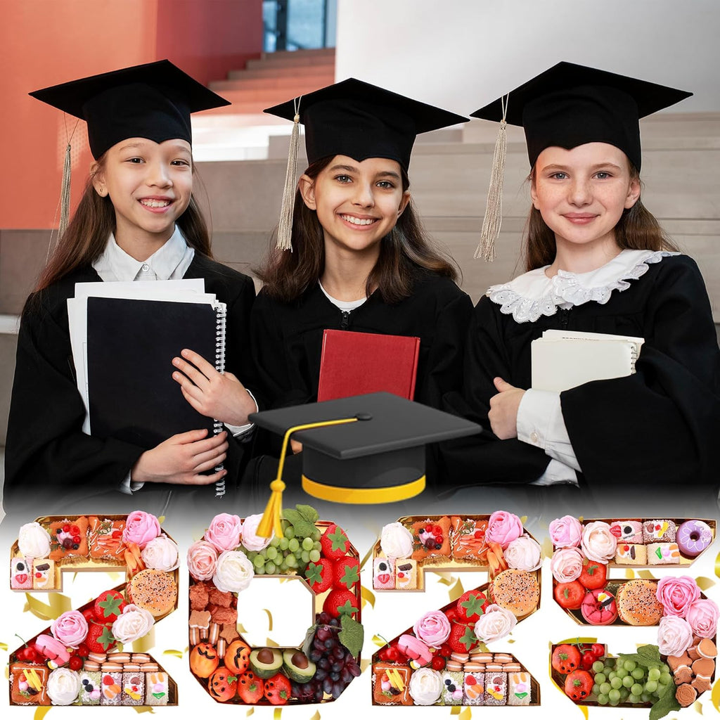 4Pcs 13.7" Graduation Decorations, 2025 Charcuterie Numbers Fillable for Graduation, Food Trays for Chocolate Cookies Goodie Cupcake Candy Tray Grad Party Board Box