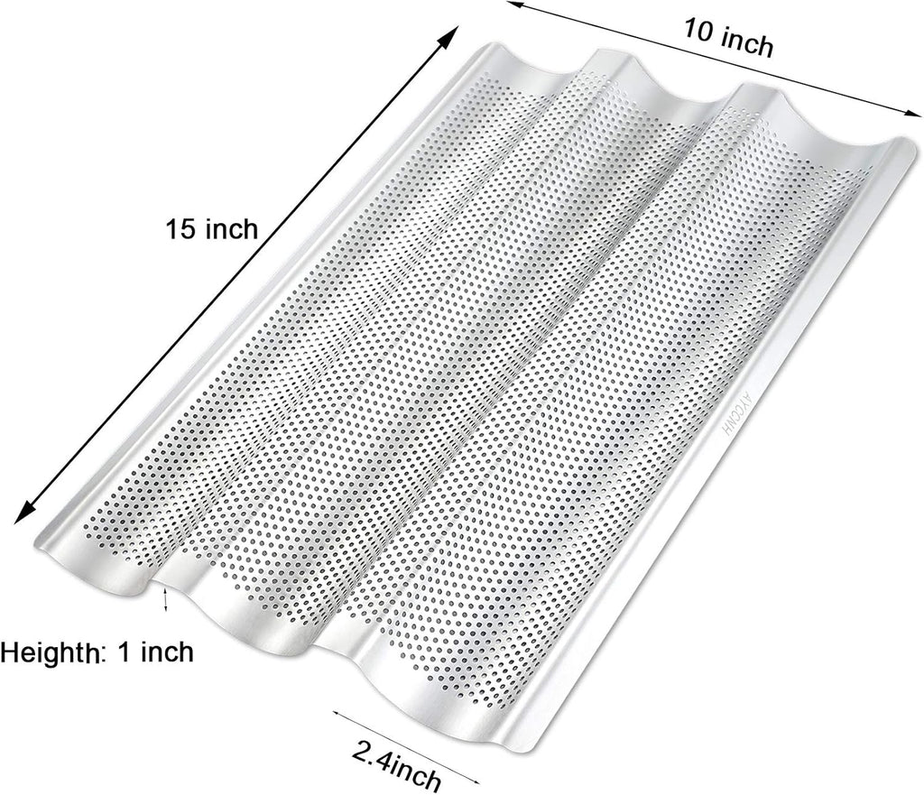 Stainless Steel French Baguette Bread Pan, Perforated Loaf Pans for Baking 15"x10", 3 Waves Toaster Oven Baking Tray (1 Pack)