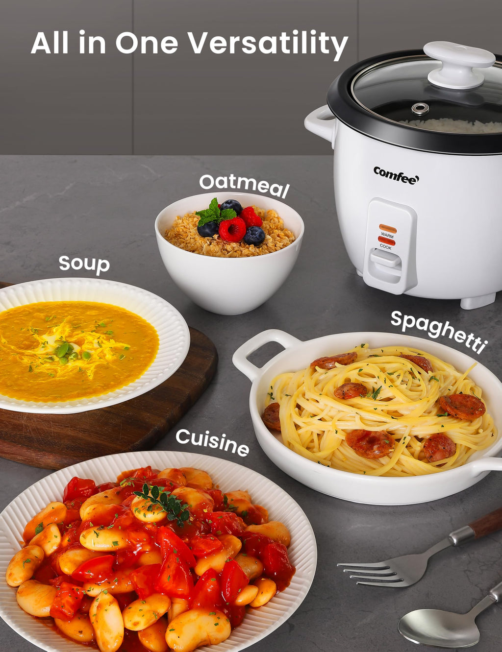 COMFEE' Rice Cooker, 6-Cup Cooked/3-Cup Uncooked, Removable Non-Stick Bowl, for Soups, Stews, Grains&Oatmeal, One Touch, White