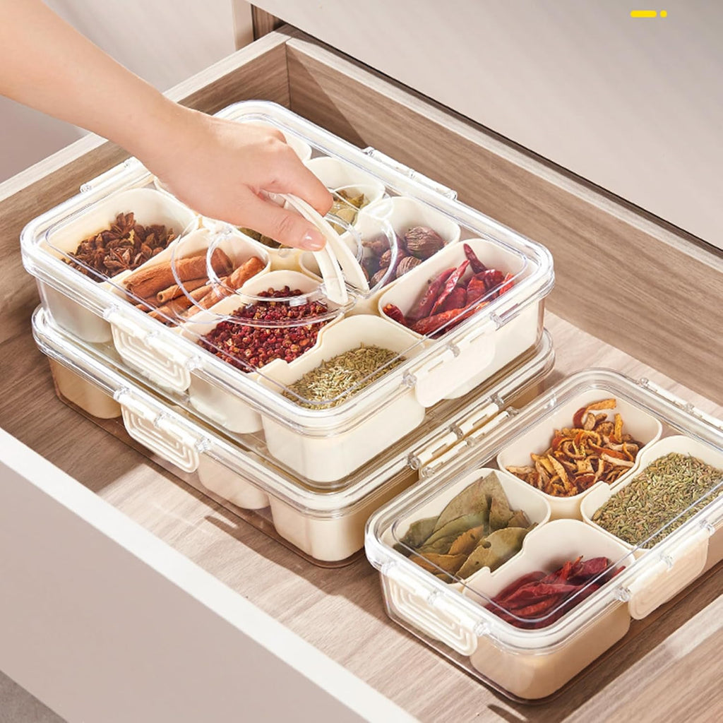 Plastic Divided Serving Tray with Lid and Handle Snack Box Charcuterie Container Portable Snack Platters Organizer for Candy, Fruits, Snacks, Nuts, for Party, Entertaining (White 8 compartments)