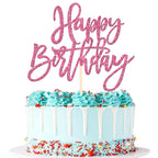 1 PCS Happy Birthday Cake Topper Glitter Cake Pick for Celebrating Anniversary Theme Party Cake Decorations Supplies Light Pink