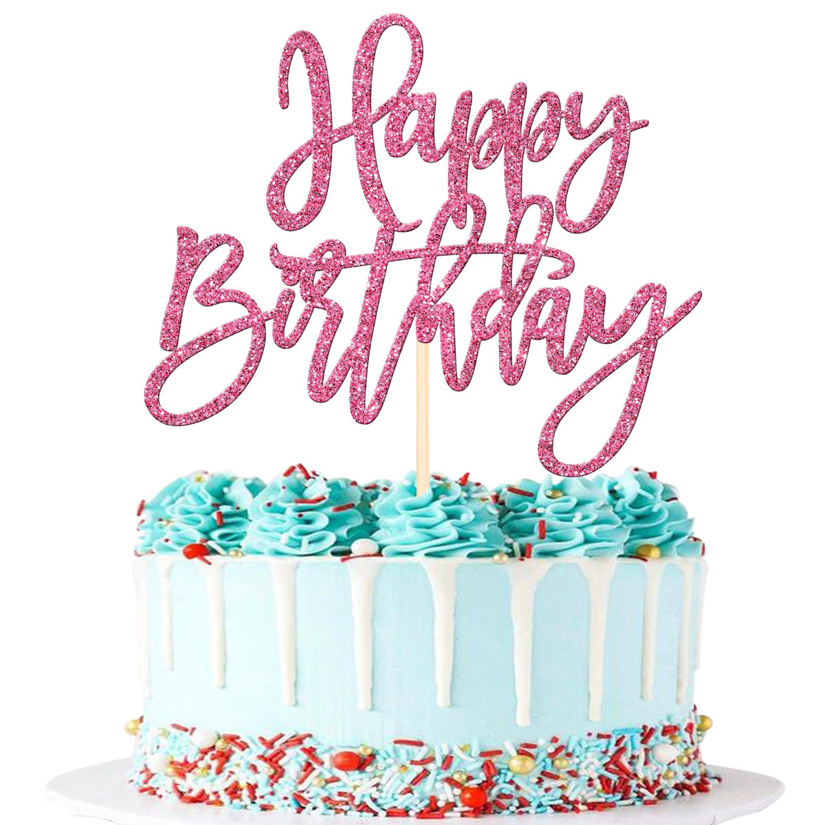 1 PCS Happy Birthday Cake Topper Glitter Cake Pick for Celebrating Anniversary Theme Party Cake Decorations Supplies Light Pink