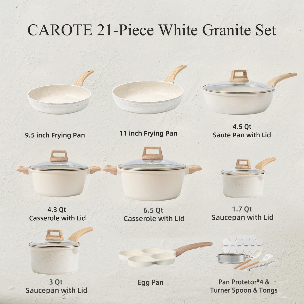 CAROTE 21Pcs Pots and Pans Set, Nonstick Cookware Sets, White Granite Induction Cookware Non Stick Cooking Set w/Frying Pans & Saucepans(PFOS, PFOA Free)