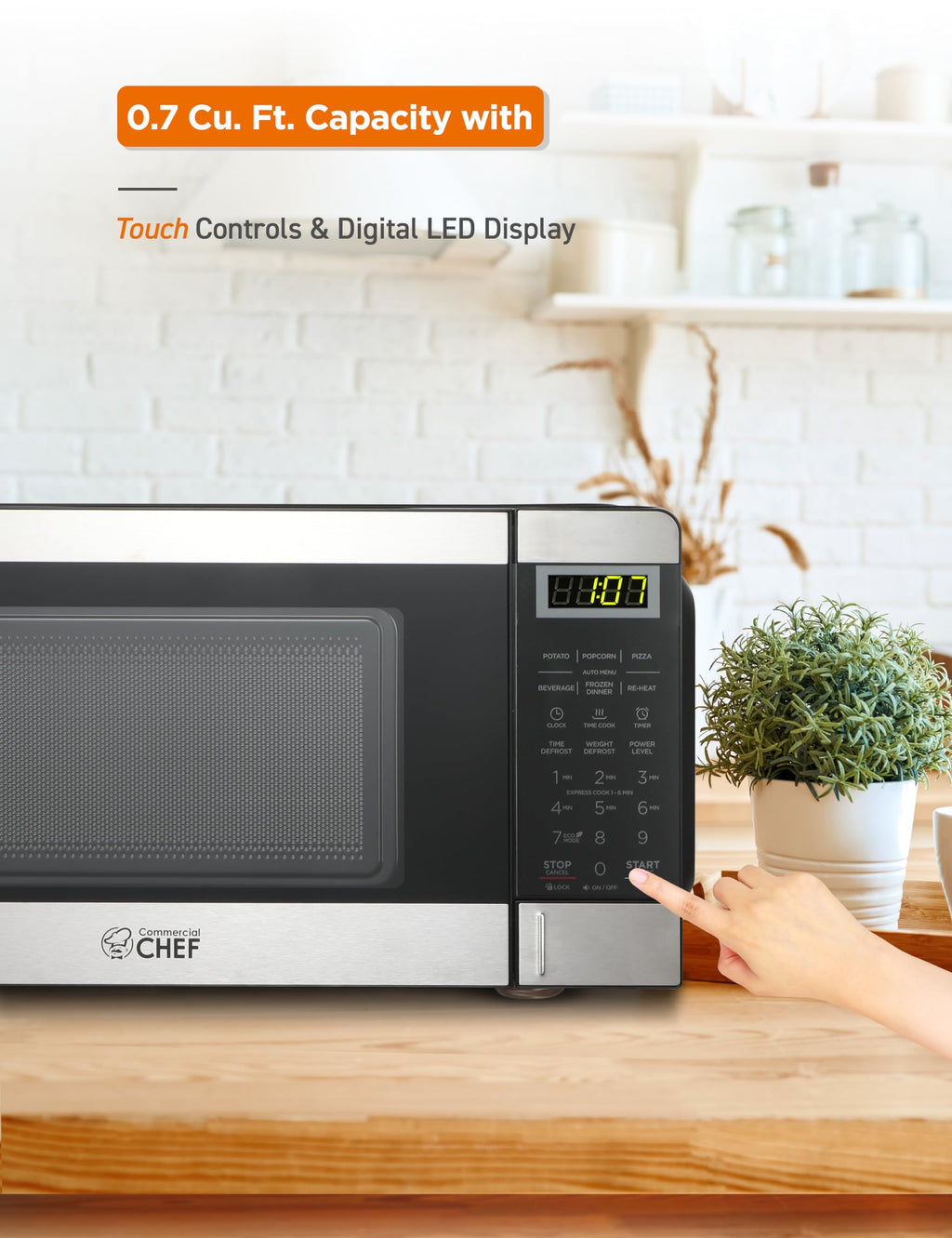 Мікрохвильова піч COMMERCIAL CHEF об'ємом 0,7 кубічних футів з 10 рівнями потужності, мала мікрохвильова піч з кнопкою, настільна мікрохвильова піч потужністю 700 Вт, таймером до 99 хвилин і цифровим дисплеєм, нержавіюча сталь