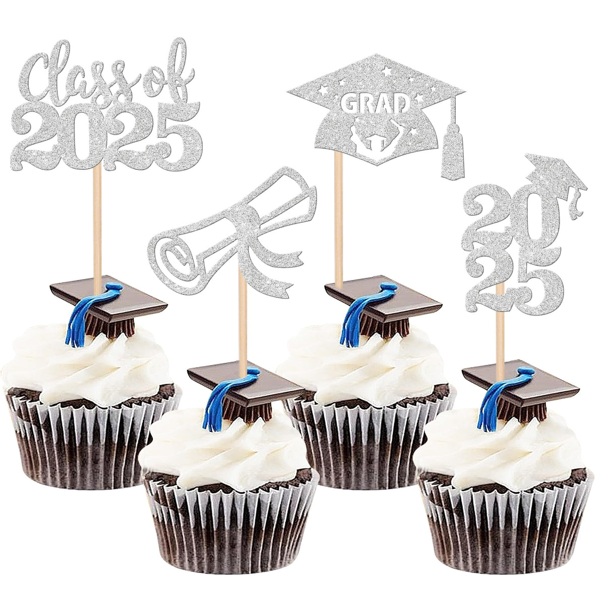 24 PCS 2025 Graduation Cupcake Toppers Glitter Diploma Congrats Grad Cap Cupcake Picks Class of 2025 Cake Decorations for 2025 Graduation Theme Party Supplies Pink