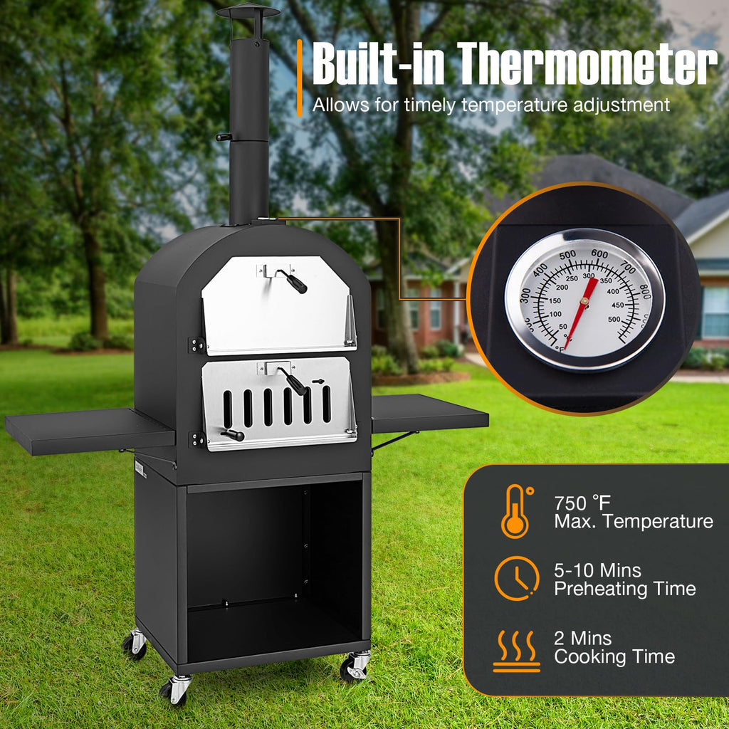 Giantex Pizza Oven Outdoor - piec opalany drewnem z 2 stolikami bocznymi, kamieniem do pizzy, łopatą do pizzy, pokrywą, rusztami do pieczenia, maszyną do pizzy na kółkach do grilla węglowego na zewnątrz, na imprezę w ogrodzie, kemping