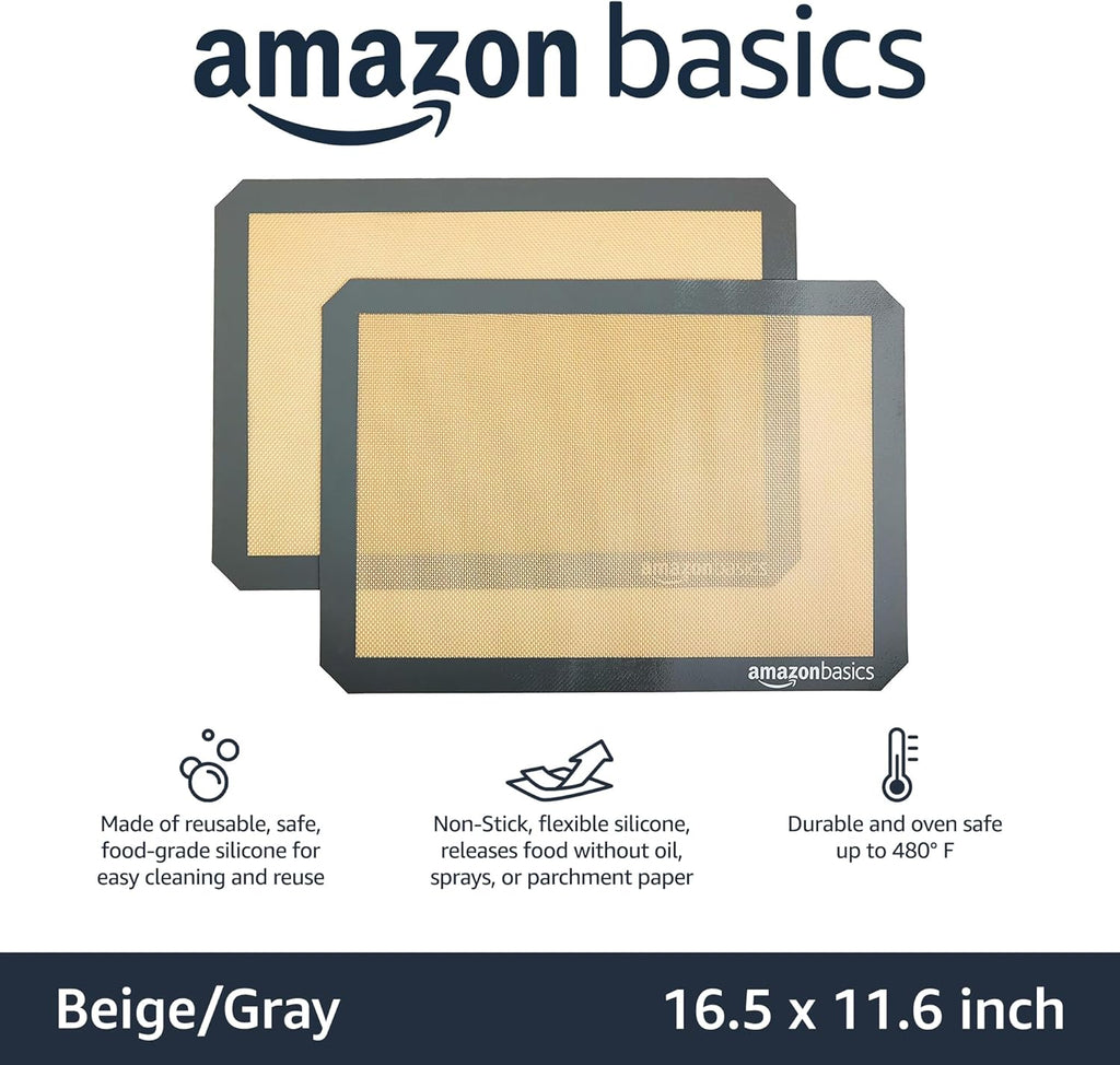 Amazon Basics Silicone Rectangular Baking Mat, Non-Stick Reusable Oven Bakeware, 16.5" x 11.6", New Beige/Gray, Pack of 2