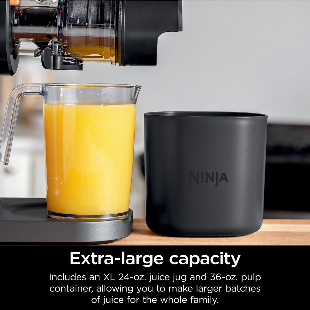 Wyciskarka do soku Ninja JC151 NeverClog Cold Press, wydajna wolnoobrotowa wyciskarka z całkowitą kontrolą miąższu, blatowa, elektryczna, 2 funkcje miąższu, można myć w zmywarce, 2. generacja, węglowa