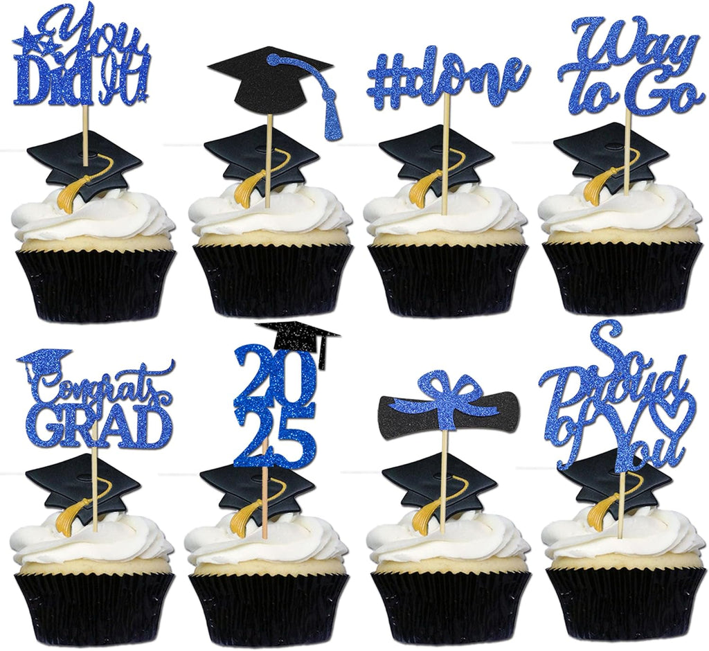 Graduation Decorations 2025 Blue, Graduation Cupcake Toppers 2025 Blue Black, Glitter Class of 2025 Cupcake Toppers Supplies, Class of 2025 Congrats Grad Cap Diploma Cupcake Picks - 40Pcs