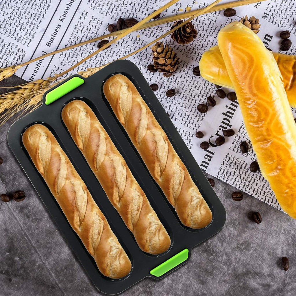 TOPZEA Set of 2 Silicone Baguette Pan, Nonstick French Bread Bake Mold, 8 Gutter Perforated Ham Burger Buns Sandwich Rolls Pans, 3 Wave Long Loaf Toast Mold Baking Tray for Oven Baker