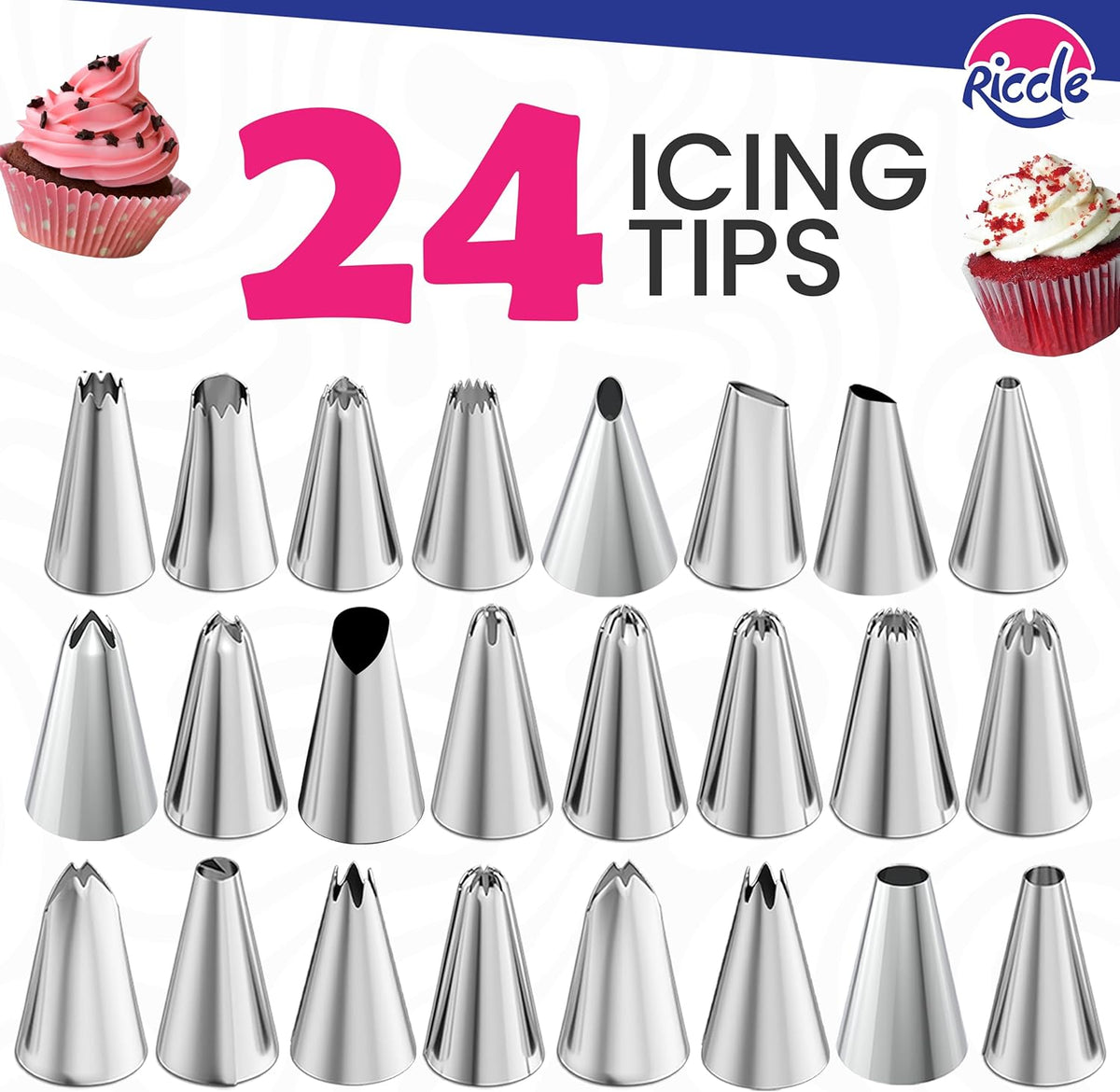 Riccle 94 pcs Cake Decorating Kit with Cake Turntable - Includes 50pcs 16 Inch Disposable + 2 Reusable Piping Bags and Tips Set, 24 Icing Piping Tips, 2 Spatulas, 3 Icing Comb Scraper, 6 Cake Liners