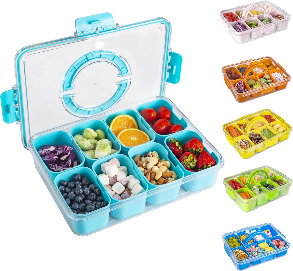 Divided Snack Serving Tray with Lid and Handle Travel Snackle Charcuterie Container Portable Storage Organizer for Candy, Fruits, Nuts, Snacks, Party, Picnic (1pack, Lake blue)