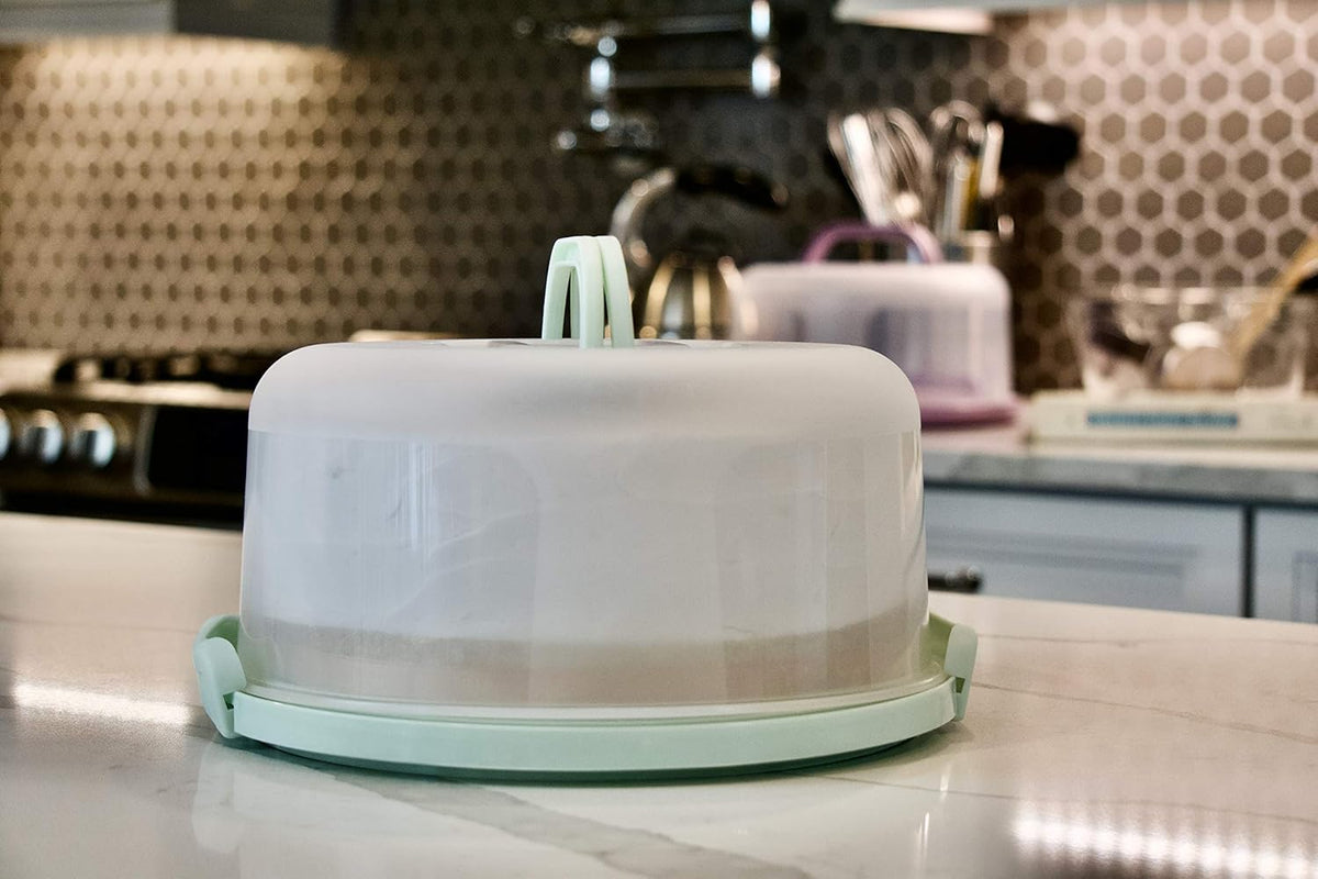 Round Cake Carrier Two Sided Cake Holder Serves as Five Section Serving Tray, Portable Fits 10 inch Cake, Box Comes With Handle, Container Holds Pies (Green)