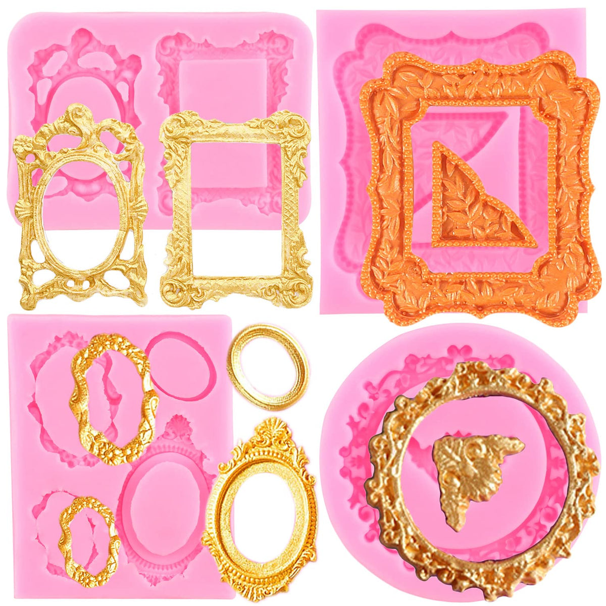Mujiang Photo Frame Fondant Molds Picture Frames Silicone Mold Vintage Frame Molds For Cake Decorating Cupcake Topper Chocolate Candy Polymer Clay Set Of 4
