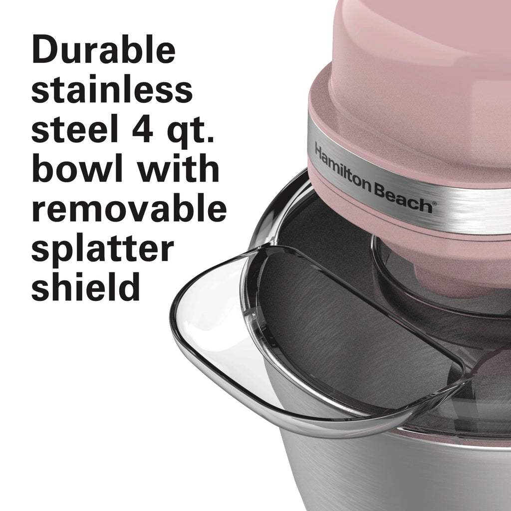 Hamilton Beach Electric Stand Mixer, 4 Quarts, Dough Hook, Flat Beater Attachments, Splash Guard 7 Speeds with Whisk, Rose