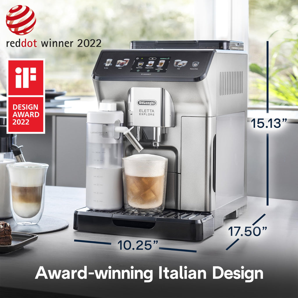 Ekspres do kawy De'Longhi Eletta Explore z funkcją Cold Brew, automatycznym spieniaczem do mleka na gorąco i na zimno, umożliwiającym przygotowanie ponad 50 przepisów za jednym dotknięciem, wbudowanym młynkiem, ECAM45086S