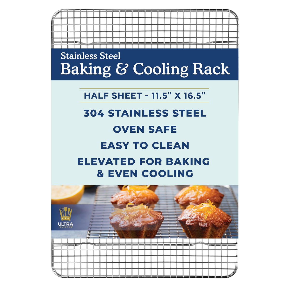 Ultra Cuisine Oven-Safe, Dishwasher-Safe 100% Stainless Steel Cooling and Baking Rack Set Heavy Duty Tight-Wire - 11.5 x 16.5-inch - Set of 2 - Half Sheet Pan Cooling Racks