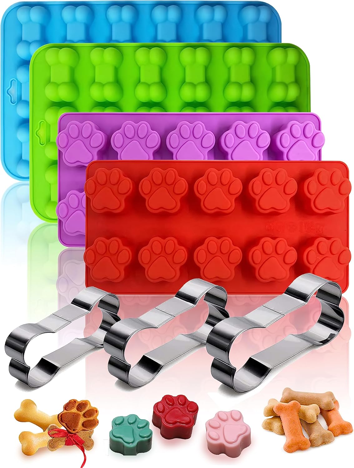 Set of 7，4 Pieces Silicone Molds Puppy Dog Paw & Bone Shaped and 3 Pieces Stainless Steel Bone Cookie Cutter,for Homemade Treats and Cat Animal Paw Ice Candy Chocolate Baking Mold.