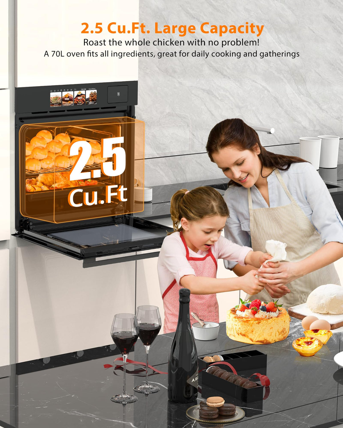 GarveeHome 24" pojedynczy piekarnik ścienny, wbudowany piekarnik elektryczny z trybem pary, grilla i smażenia na powietrzu, 3000 W, 240 V, 2,5 stopy sześciennej stali nierdzewnej, wbudowany piekarnik konwekcyjny, zaawansowany ekran TFT