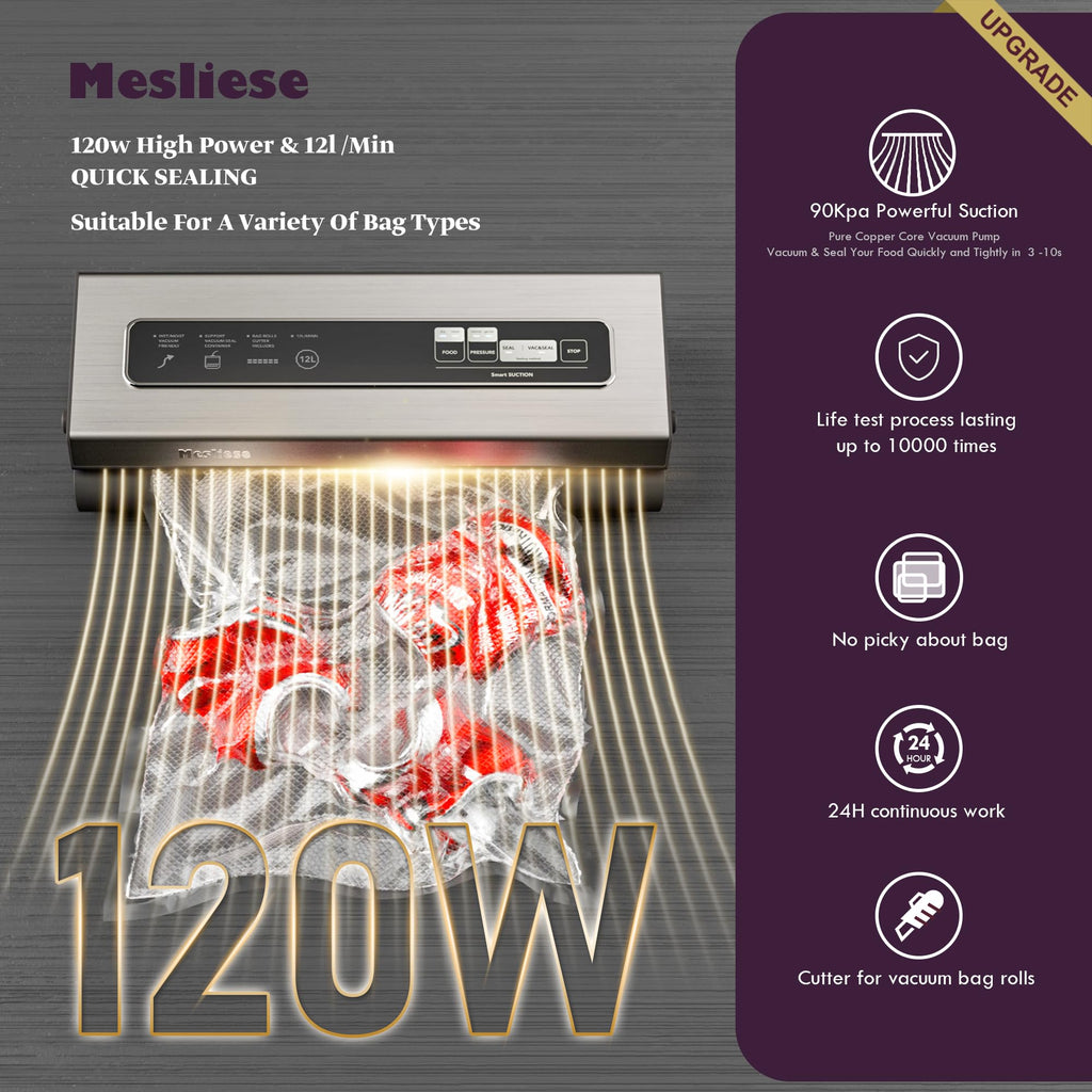 Maszyna do pakowania próżniowego Mesliese Mocna 90Kpa Precyzyjna 6 w 1 Kompaktowy system konserwacji żywności z nożem, 2 rolkami torebek i 5 wstępnie pociętymi torebkami, poszerzonym 12 mm paskiem uszczelniającym, trybami suchym i wilgotnym (srebrna)