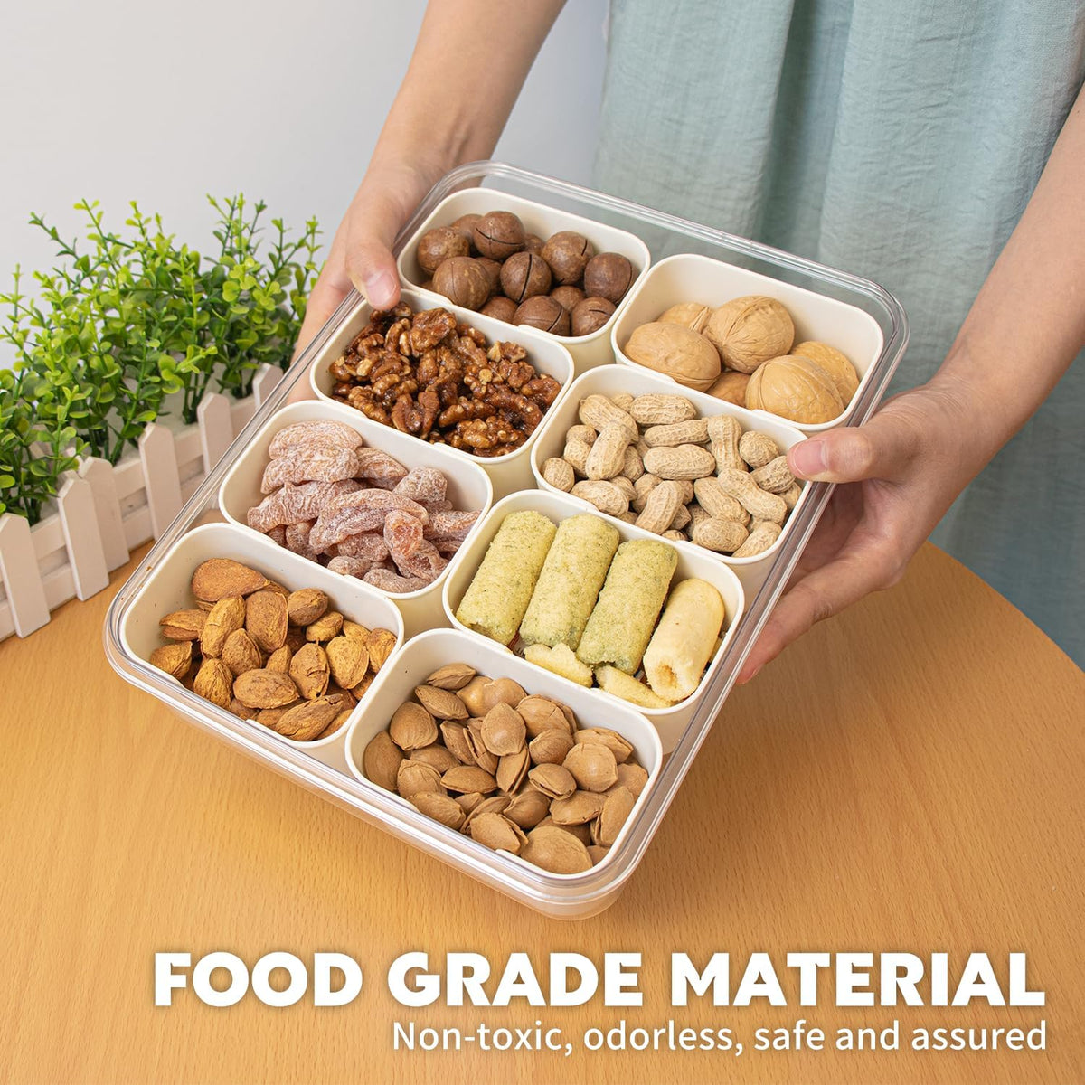 Divided Serving Tray with Lid and Handle,8 Compartments Snacks Box,Snack Fruit and Veggie Tray,Portable Platter for Candy Fruits Nuts Snack Party Entertaining Picnic (1 PCS)