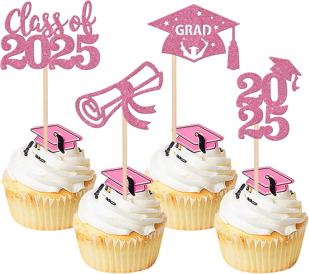 24 PCS 2025 Graduation Cupcake Toppers Glitter Diploma Congrats Grad Cap Cupcake Picks Class of 2025 Cake Decorations for 2025 Graduation Theme Party Supplies Pink