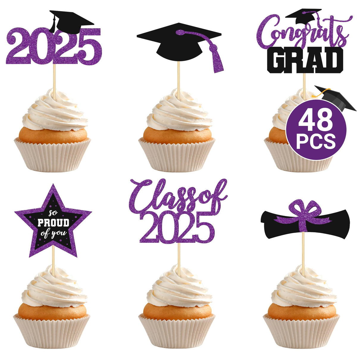 48 PCS Graduation Cupcake Toppers 2025, 6 Style Black and Gold Graduation Cake Toppers, Glitter Design Class of 2025 Toppers Grad Cupcake Picks, Disposable 2025 Graduation Decorations