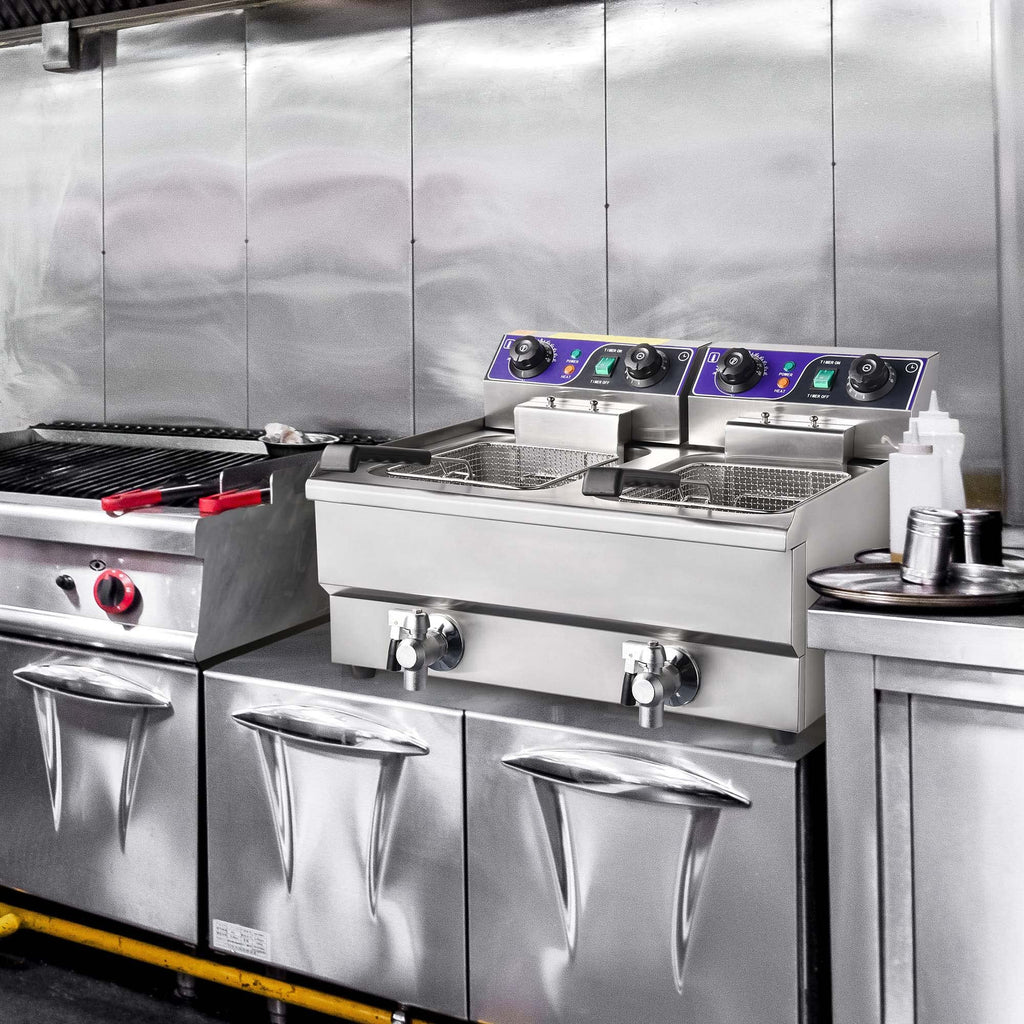 WeChef Komercyjna Elektryczna Frytkownica Głęboka 23,4L 3000W z Kontrolą Czasu i Filtracją Oleju Podwójny Wyjmowany Kosz Stal Nierdzewna Frytkownica Blatowa Do Użytku Komercyjnego w Restauracjach