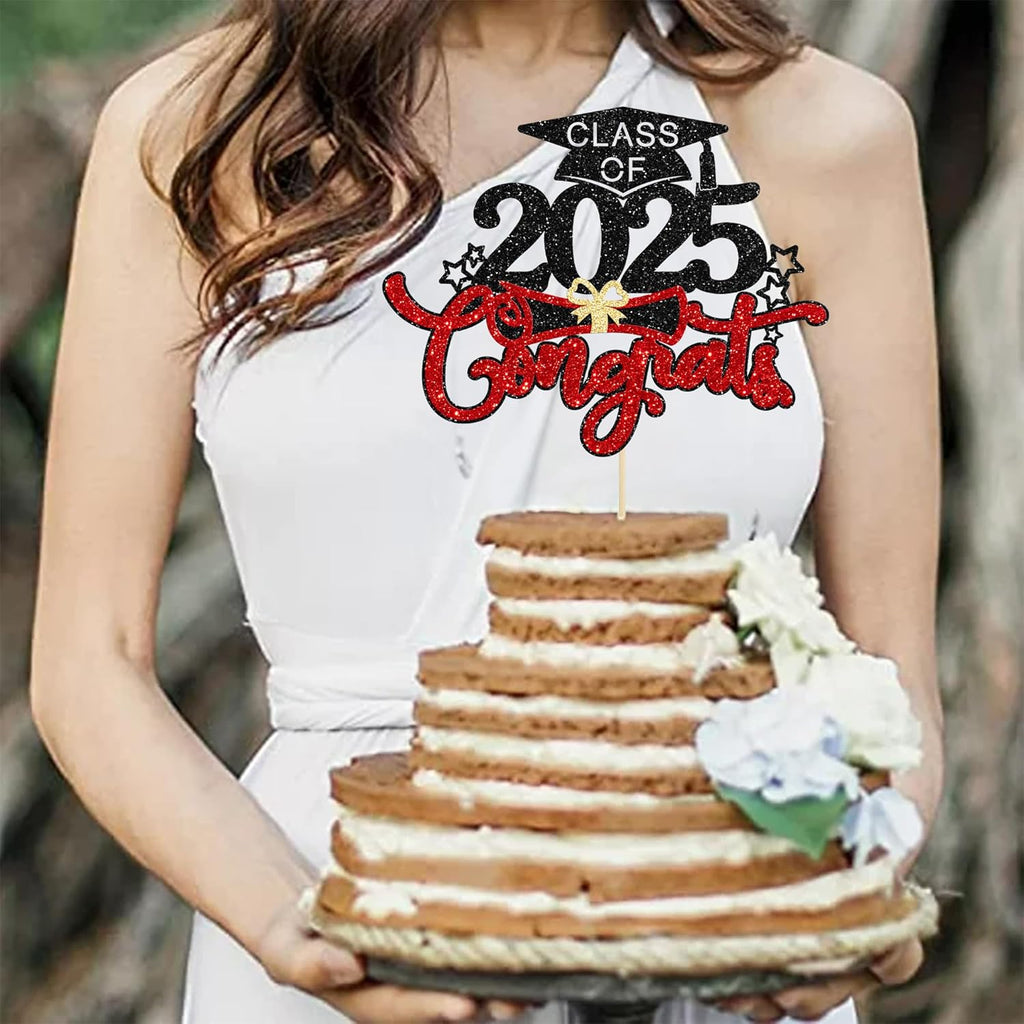 1Pc Congrats Grad 2025 Cake Topper Red Glitter Diploma Graduation Cap Cake Pick Congrats Class of 2025 Cake Decorations for 2025 Graduation Theme High School Boys Girls Graduate Party Supplies