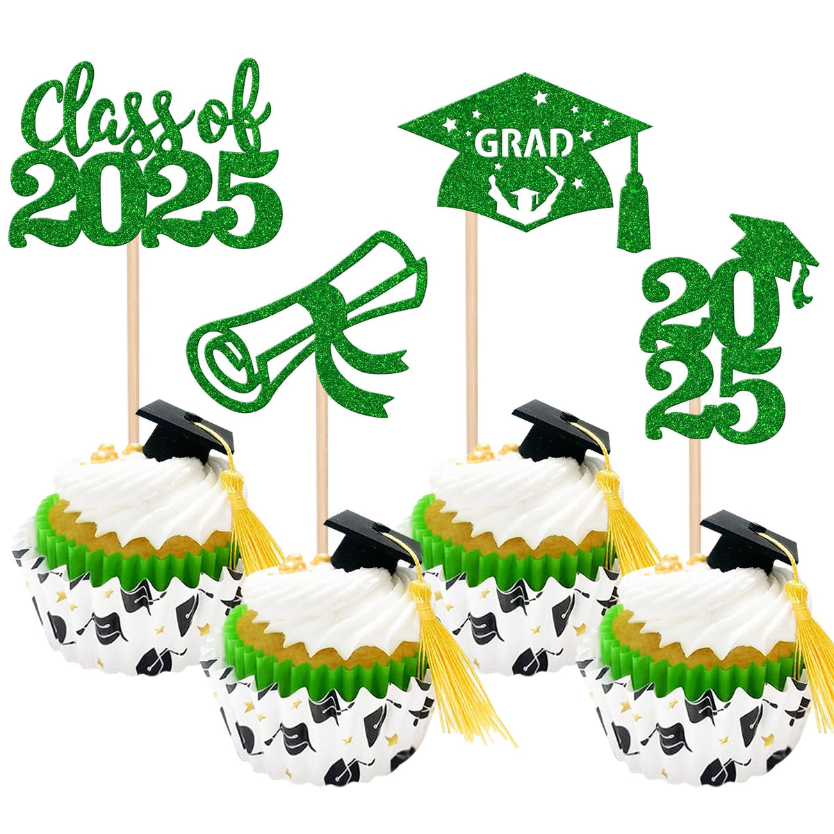 24 PCS 2025 Graduation Cupcake Toppers Glitter Diploma Congrats Grad Cap Cupcake Picks Class of 2025 Cake Decorations for 2025 Graduation Theme Party Supplies Pink