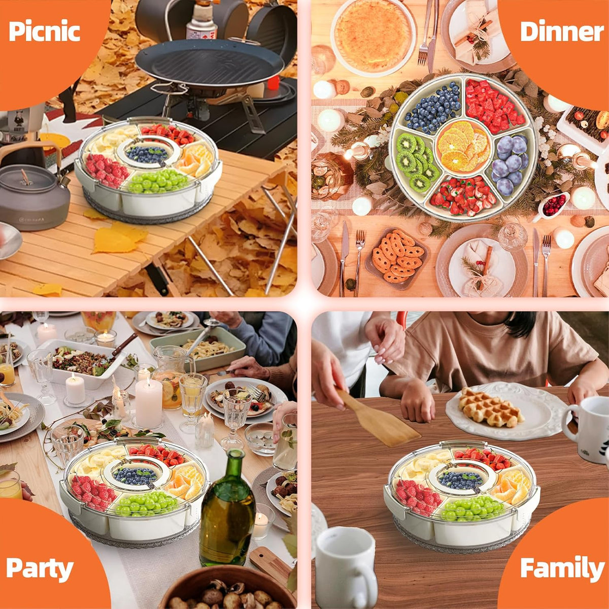 Divided Serving Tray with Lid and Handle, Stackable Snackle Box Container for Fruits Candy Organizer, Portable Spinning Rounded Veggie Tray for Kitchen, Party, Trave and Picnic-1 Pack