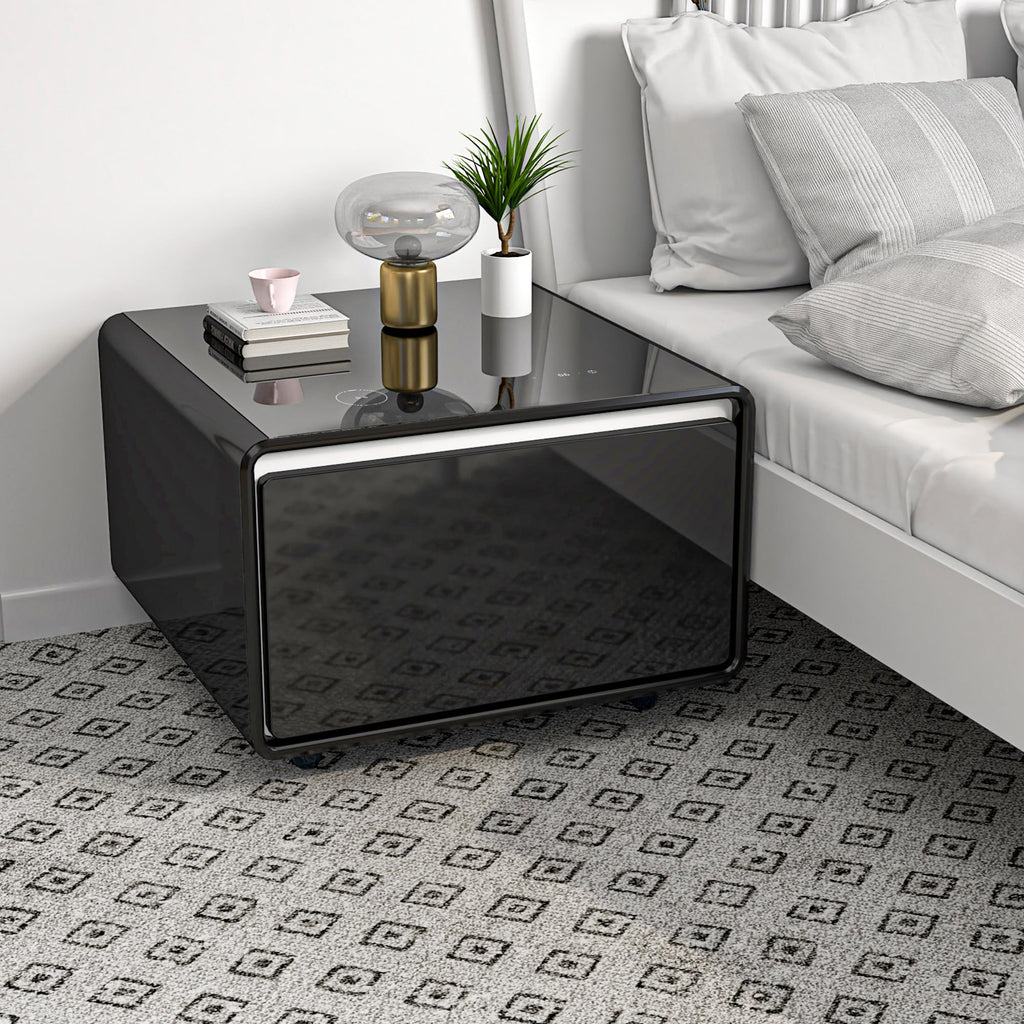 Smart Coffee Table with Fridge, Smart Coffee Table with Wireless Charging Station, Temperature Control, Power Socket, USB Ports, Outlet Protection and Induction Light, Fridge Coffee Table, Black