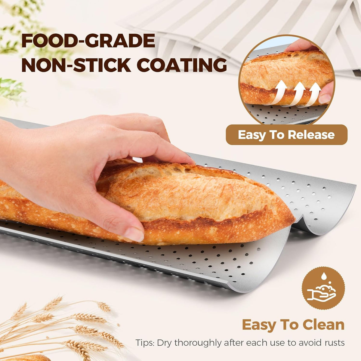 Baguette Bread Pan, Premium Nonstick Perforated French Bread Baking Pan, 2 Loaves Baguette Tray for Sourdough, Italian Bread Baking, Perfect for Creating Crisp Golden-Brown Crust
