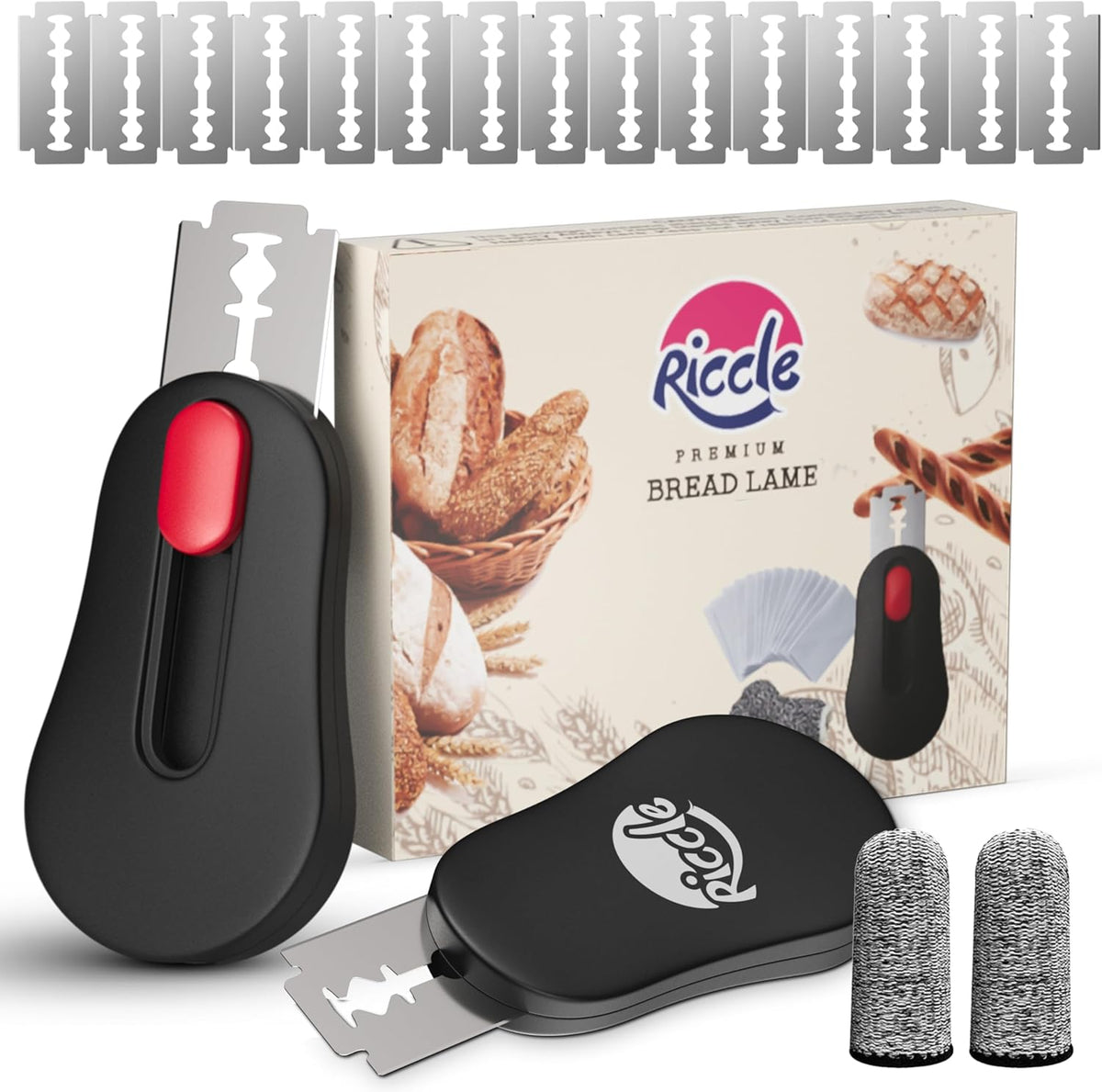 RICCLE Magnetic Bread Lame Dough Scoring Tool - Professional Sourdough scoring tool for Sourdough Bread baking & Bread Making Tools with 15 Blades and 2 Finger Cots Cut Resistant Protector