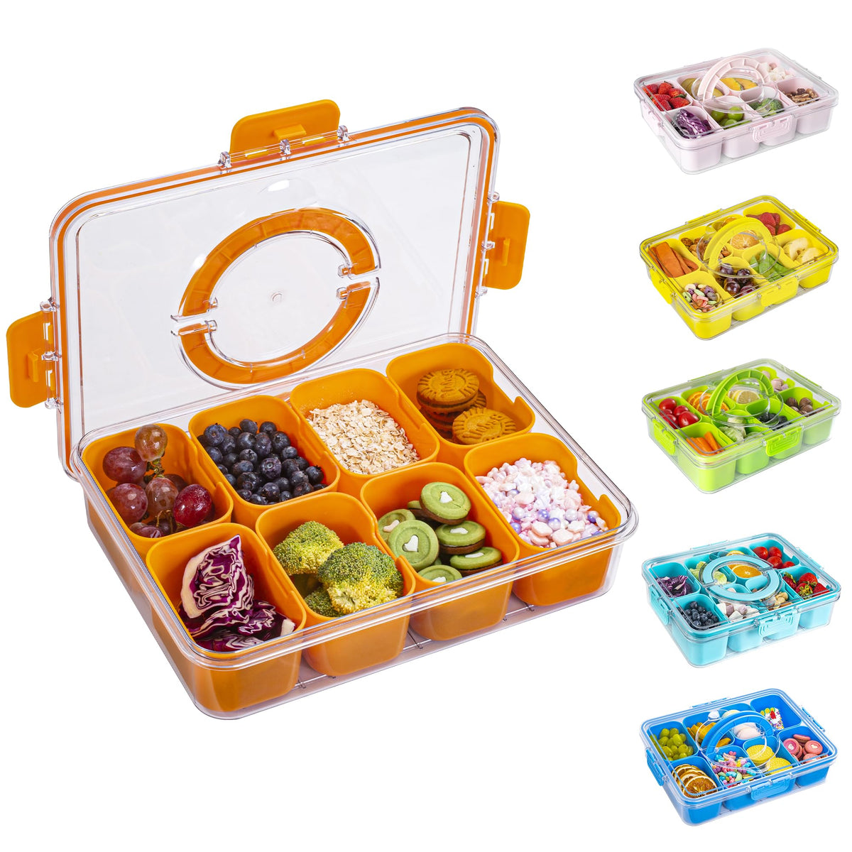 Divided Snack Serving Tray with Lid and Handle Travel Snackle Charcuterie Container Portable Storage Organizer for Candy, Fruits, Nuts, Snacks, Party, Picnic (1pack, Lake blue)