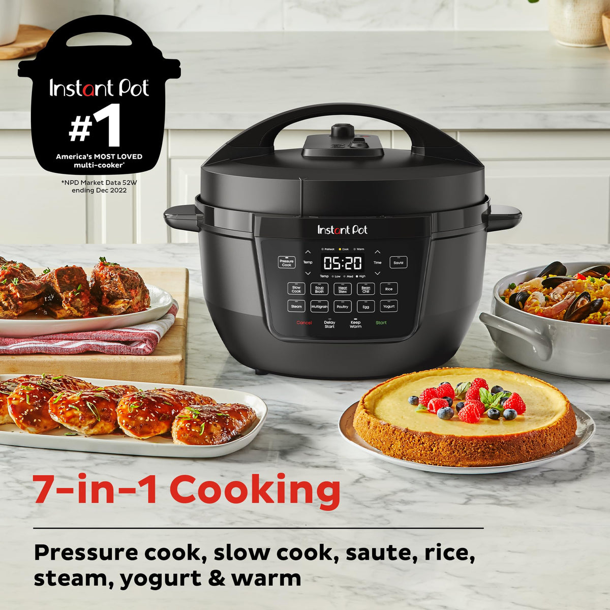 Мультиварка Instant Pot RIO з широким дном, 7,5 кварти, велике дно для обсмажування, тихе вивільнення пари, електрична мультиварка 7-в-1, скороварка, мультиварка, рисоварка, пароварка, смаження, йогурт та підігрівач