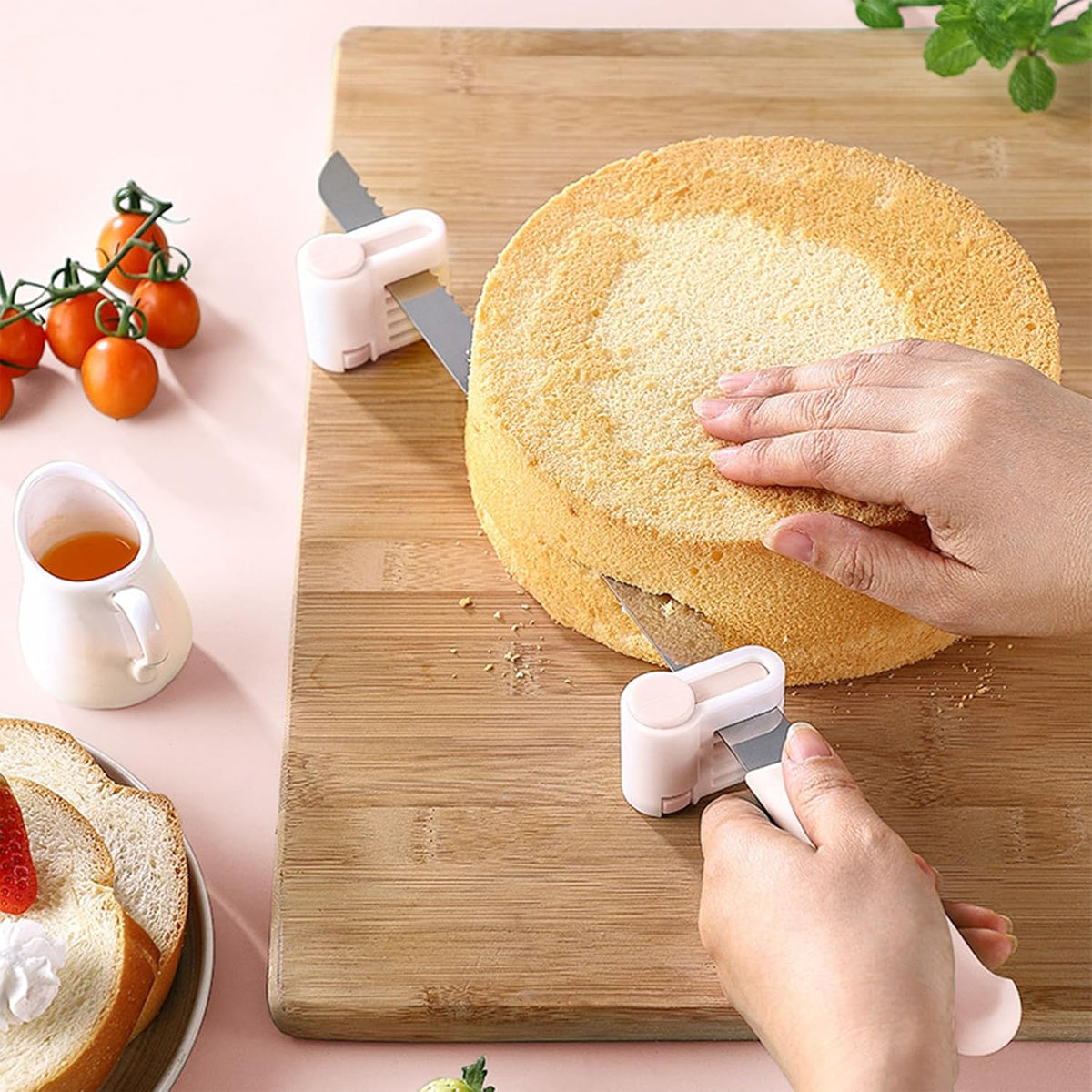 4PCS DIY Cake Slicer, Stratification Auxiliary, Bread Slice, Toast Cut, Adjustable 5 Layers Leveler Slicer, Kitchen Fixator Tool (Pink)