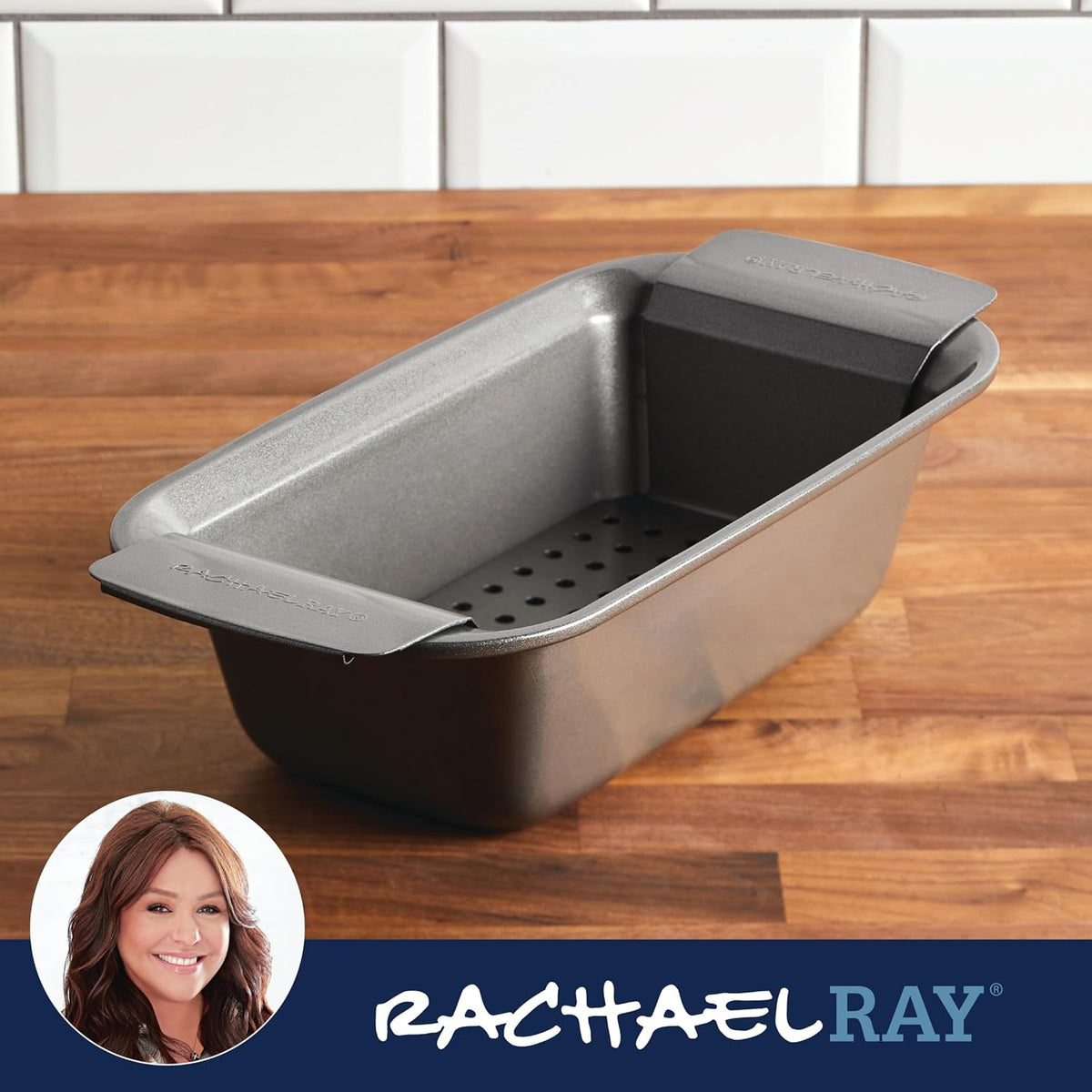 Rachael Ray Bakeware Meatloaf/Nonstick Baking Loaf Pan with Insert, 9 Inch x 5 Inch, Gray