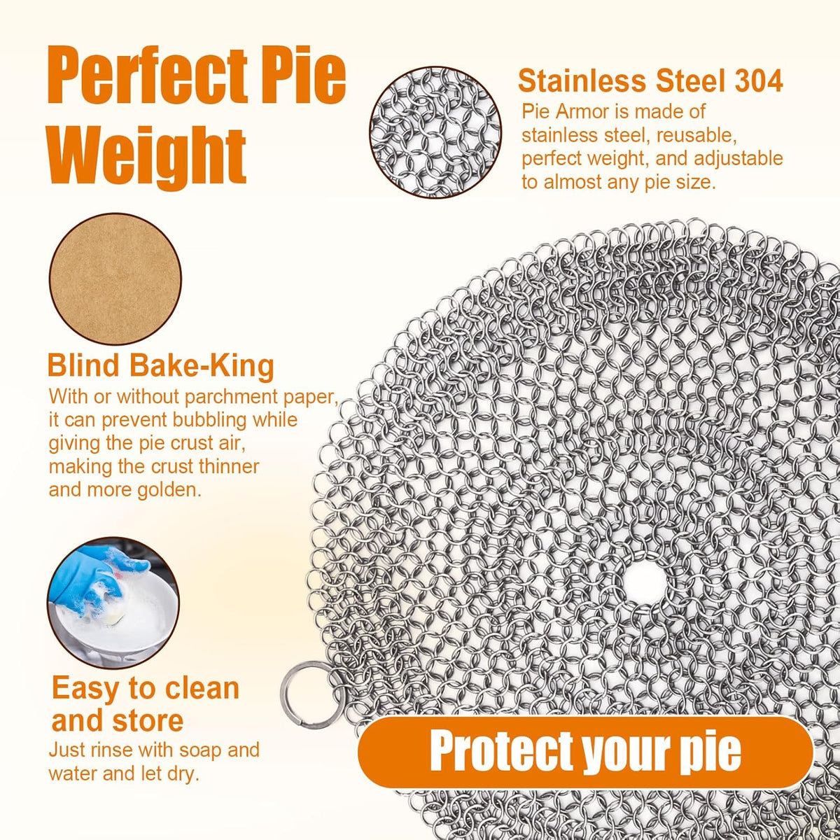 Baking Pie Crust Weights Chain, Stainless Steel Pie Weight Chain Ceramic Pie Weights Alternatives Baking Pie Weights Armor Shield for Baking Crust Kitchen Accessories for 7-10in Pies