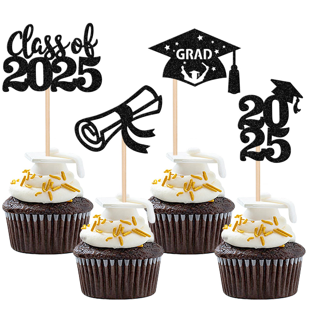 24 PCS 2025 Graduation Cupcake Toppers Glitter Diploma Congrats Grad Cap Cupcake Picks Class of 2025 Cake Decorations for 2025 Graduation Theme Party Supplies Pink