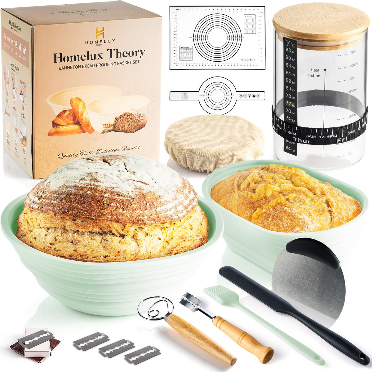 Sourdough Starter Kit, Silicone Banneton Bread Proofing Basket Set, Sourdough Bread Baking Supplies, Bread Making Kit for Sourdough Proofing with Bread Baking Bowl for Artisan Breads (Yellow)