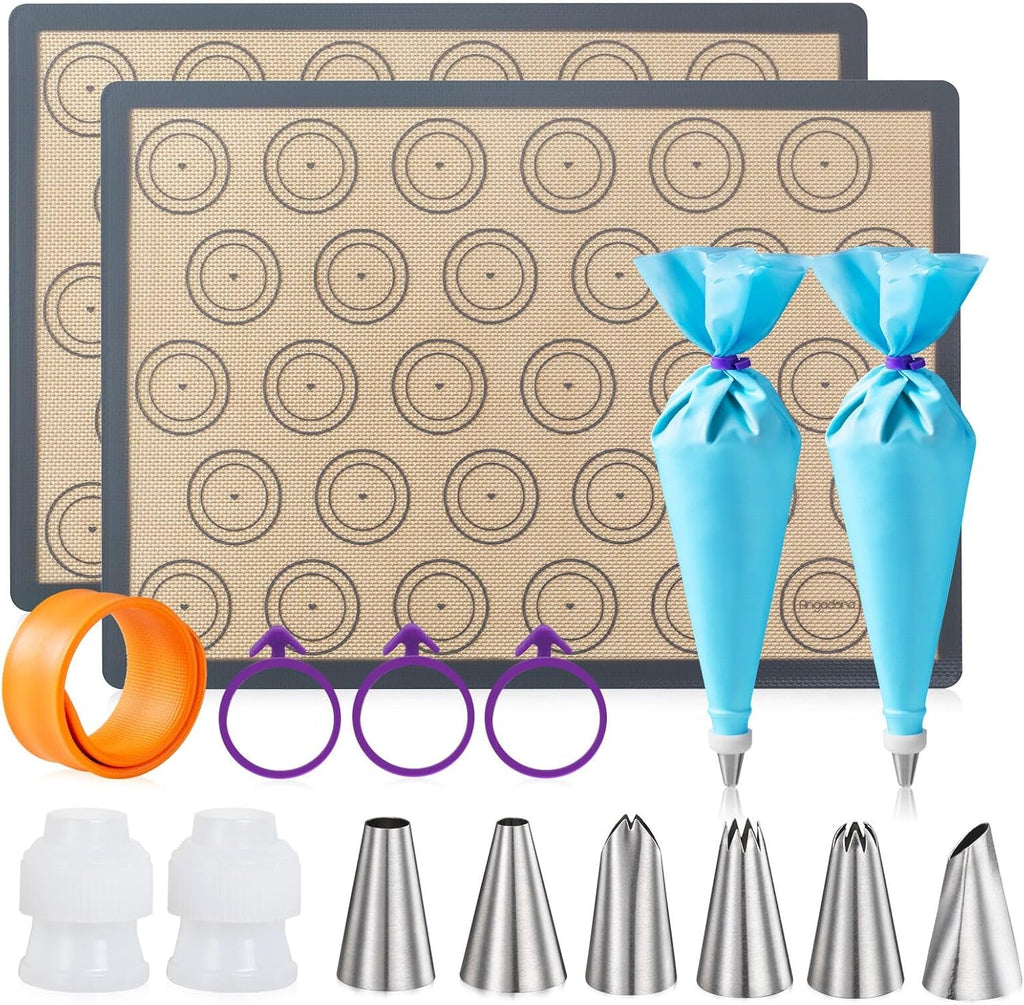 Angadona Macaron Silicone Baking Mats Kit (16pcs set) Macaroon Baking Mat Set of 2 Half Sheet Macaron Silicone Mat Nonstick Macaron Mat Sheet,6 Piping Tip,2 Piping Bag with 3 Bag Tie,2 coupler
