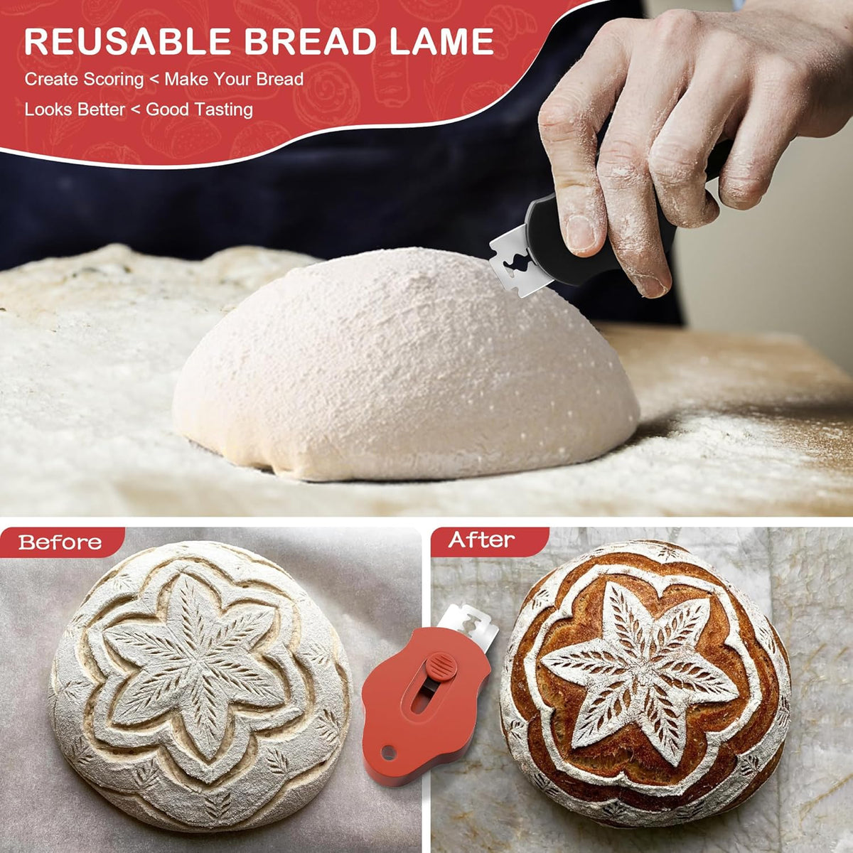 Magnetic Bread Lame Dough Scoring Tool, Professional Sourdough Scoring Tool for Sourdough Bread Baking, Bread Making Knife, Extractable Bread Scoring Tool with 5 Razor Blades&Scoring Patterns Booklet