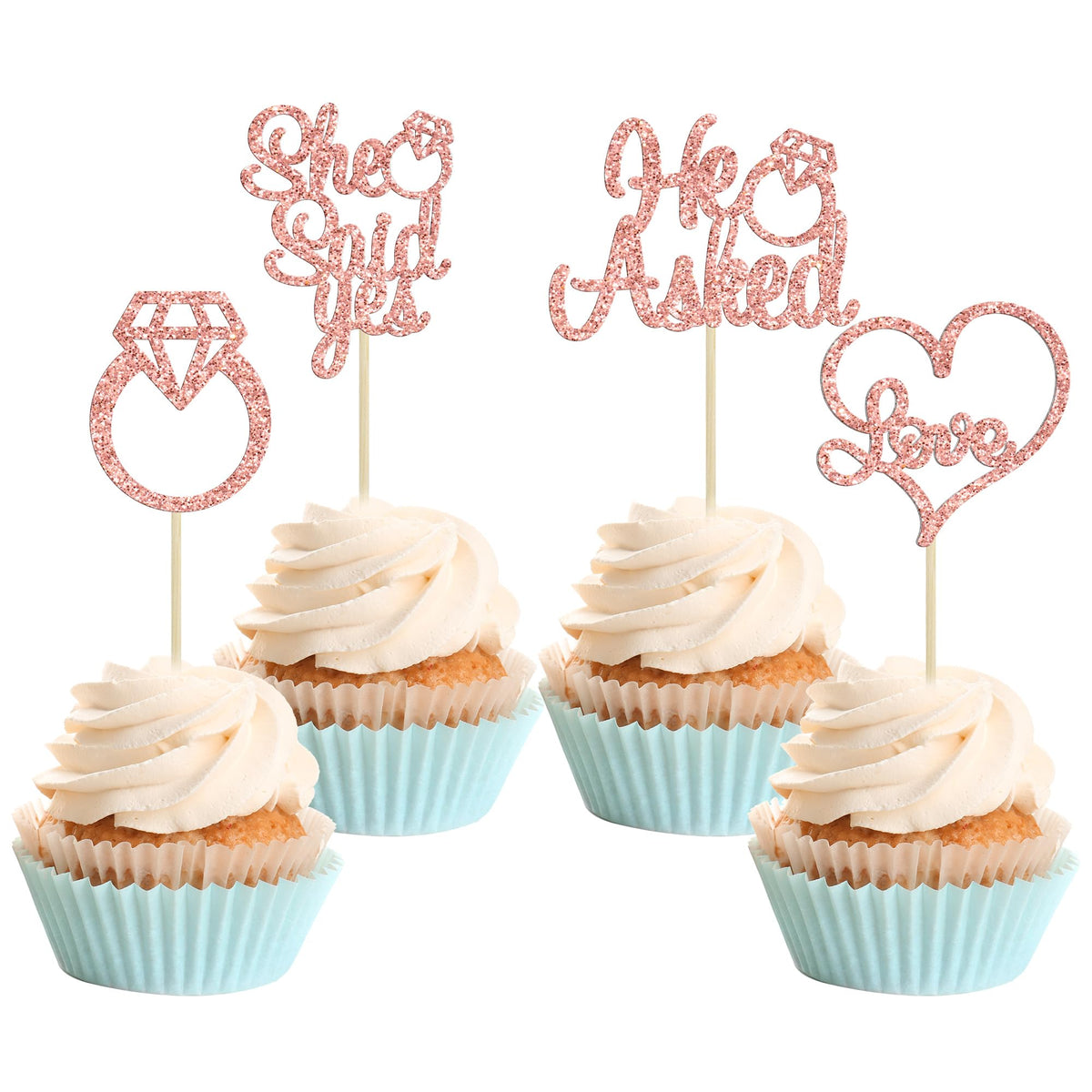 Gyufise He Asked She Said Yes Cupcake Toppers Gold Glitter Diamond Ring Heart Love Cake Picks for Wedding Engagement Party Cake Decorations 24 Pack