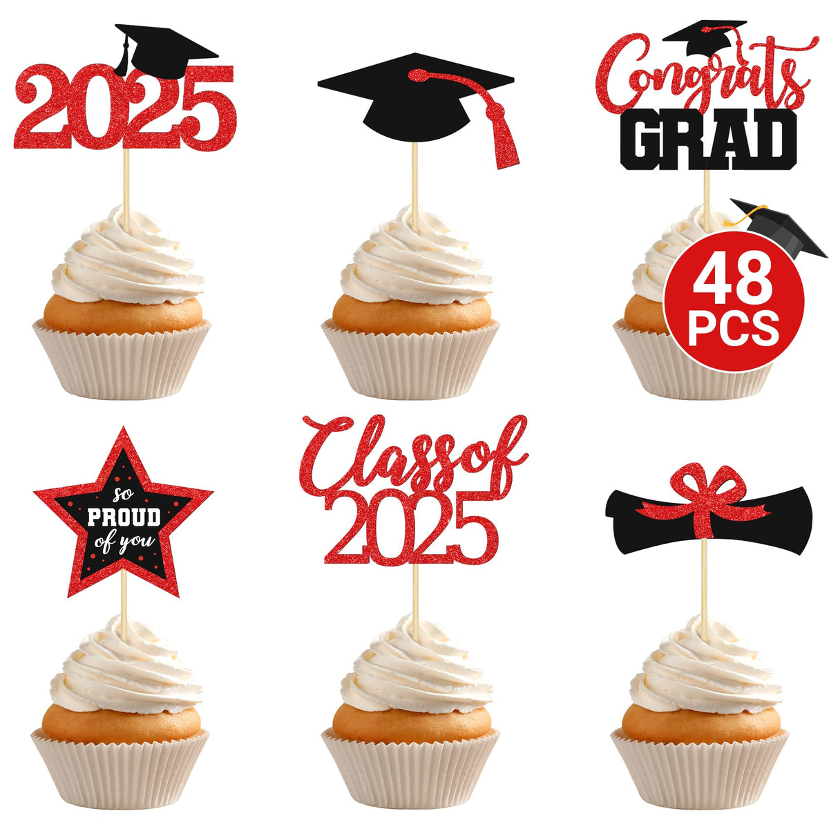 48 PCS Graduation Cupcake Toppers 2025, 6 Style Black and Gold Graduation Cake Toppers, Glitter Design Class of 2025 Toppers Grad Cupcake Picks, Disposable 2025 Graduation Decorations